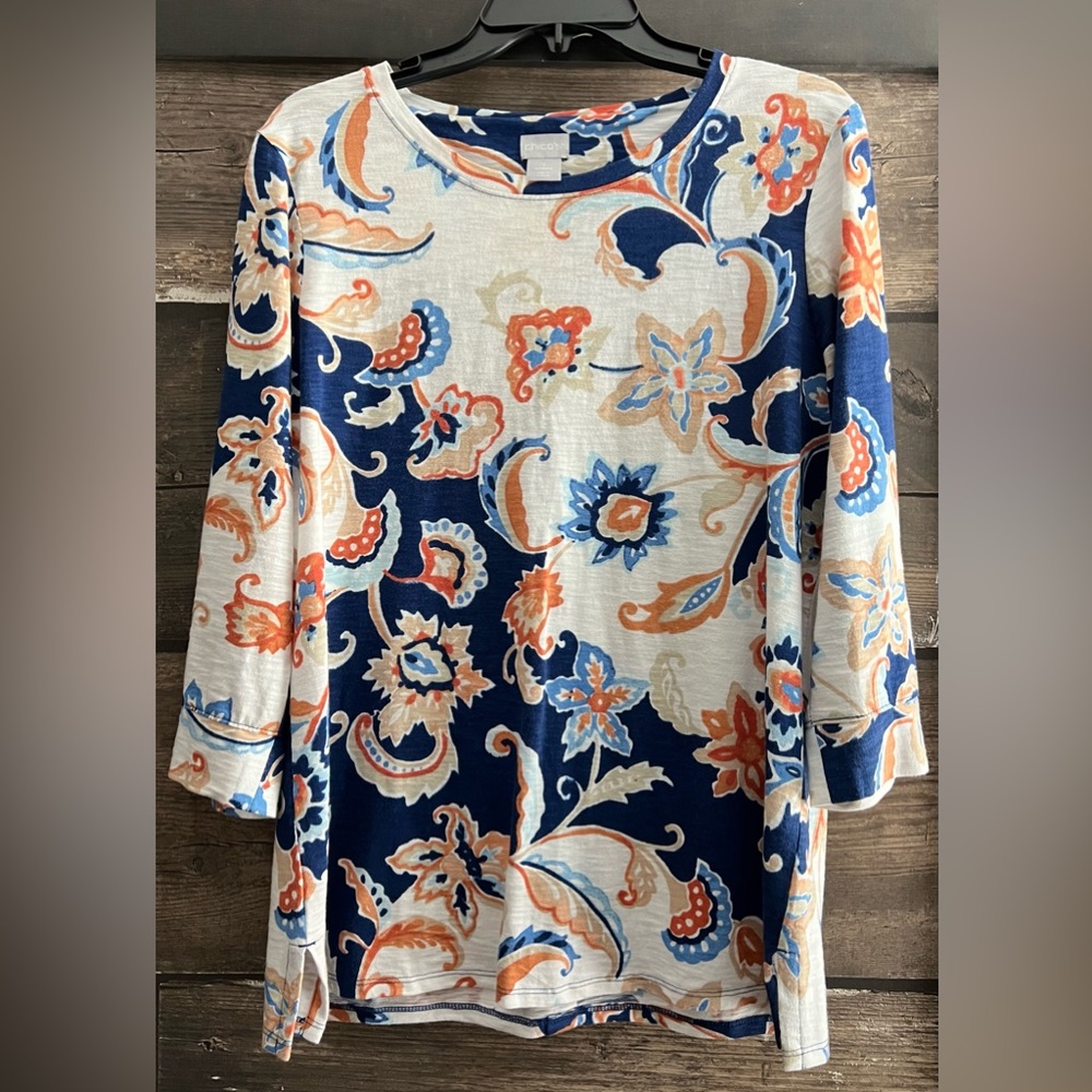 Chico’s  Floral Print Women's Top - Blue and Orange women’s size 1  M